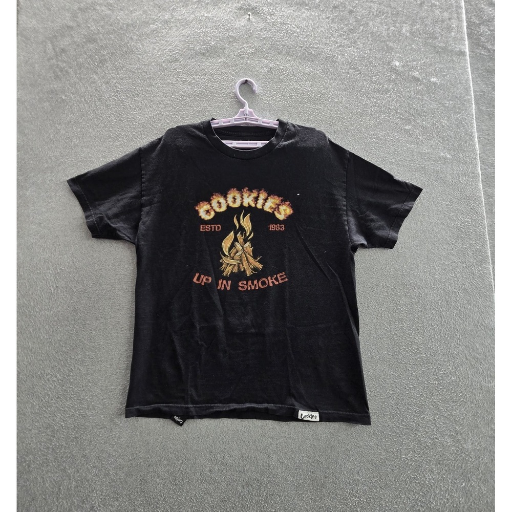 Cookies Men Shirt L‎ Black Up In Smoke Graphic Campfire Flames Logo Short Sleeve